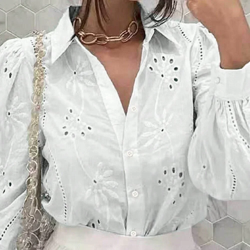 White Casual Women's Hollow Out Embroidery Button Front Long Sleeve Shirt - Picture 5 of 5